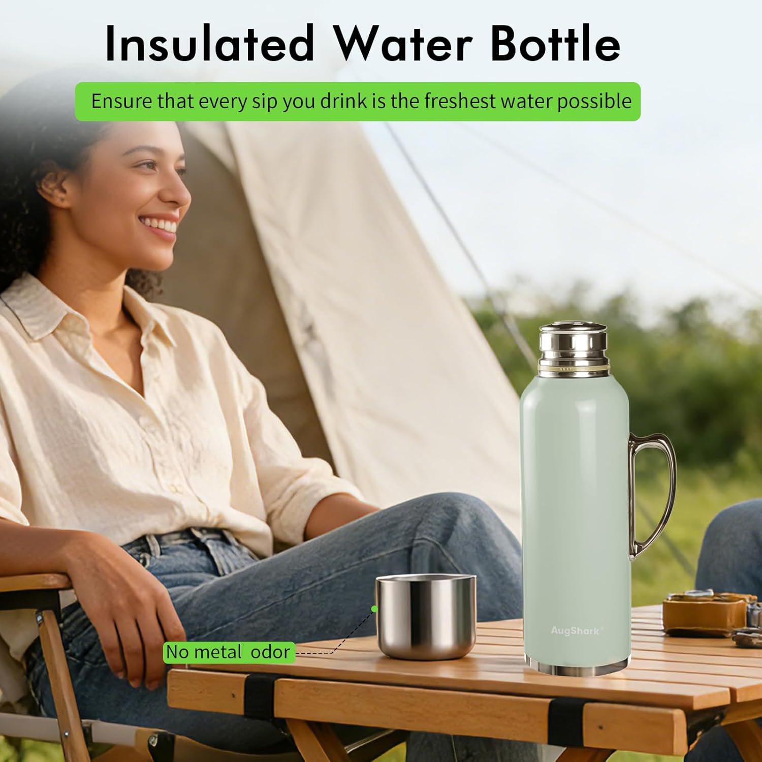 34 oz Insulated Water Bottle, Green Vacuum Stainless Steel Water Flask Jug with Handle & Metal Mechanical Temperature Measuring Cup Lid, Leakproof Travel Bottle Keep Cold 36h Hot 24h