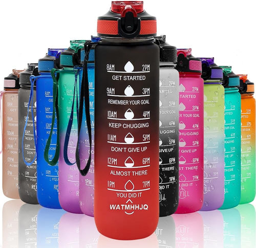 32oz Sports Water Bottle Outdoor, with Drinking Time and Capacity Labels, Sport Water Cups with Straw,BPA Free Leak Proof,for Fitness Gym Running Climbing (Black red)